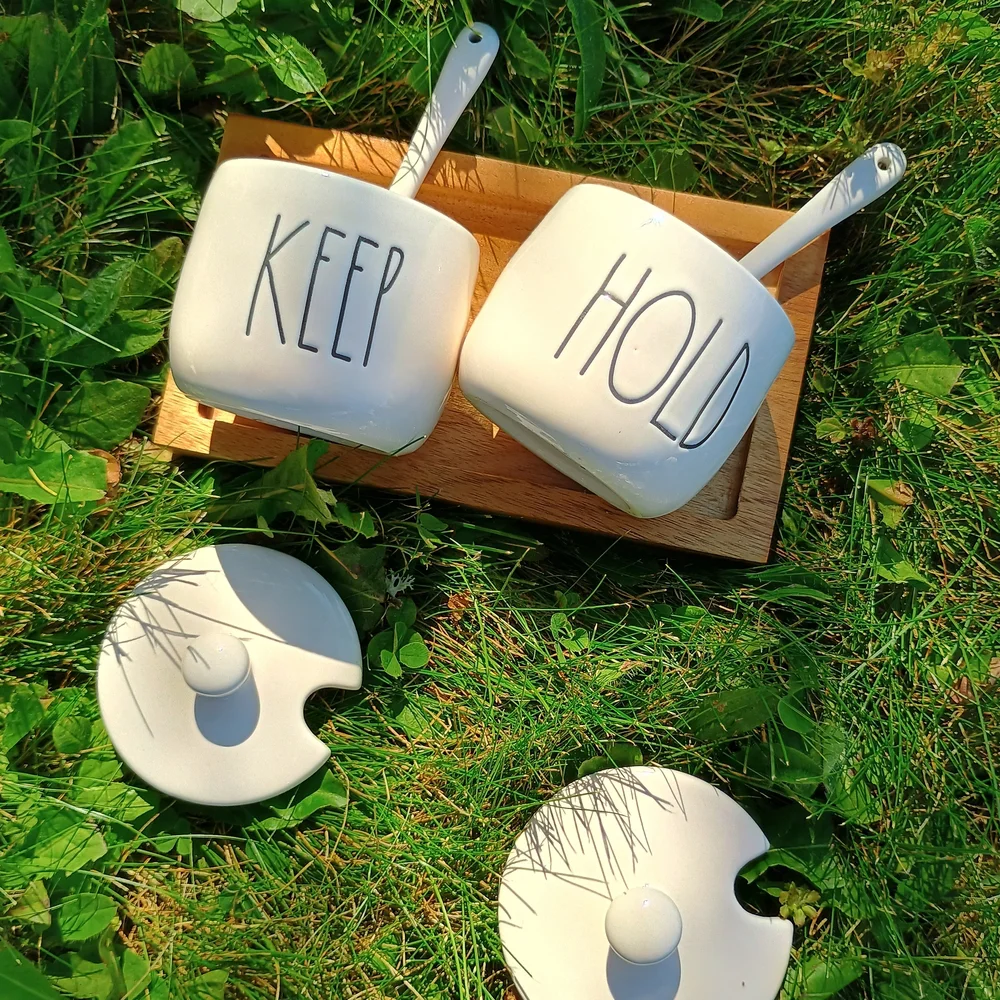 Rae Dunn Keep Hold ceramic serving pots w spoons, lids & base, farmhouse style